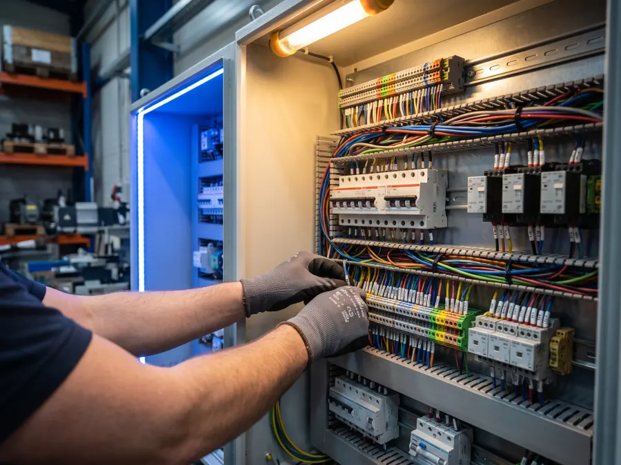 Técnico organizando fiação em um painel de automação industrial