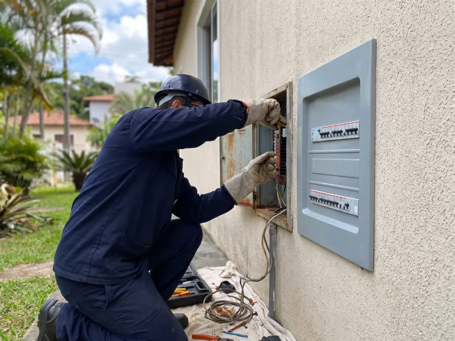 Eletricista trocando o padrão de entrada e quadro elétrico de uma residência
