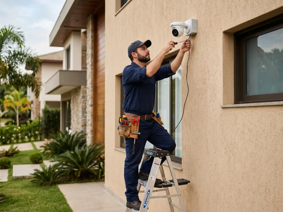 Técnico instalando câmera de CFTV na fachada de uma residência